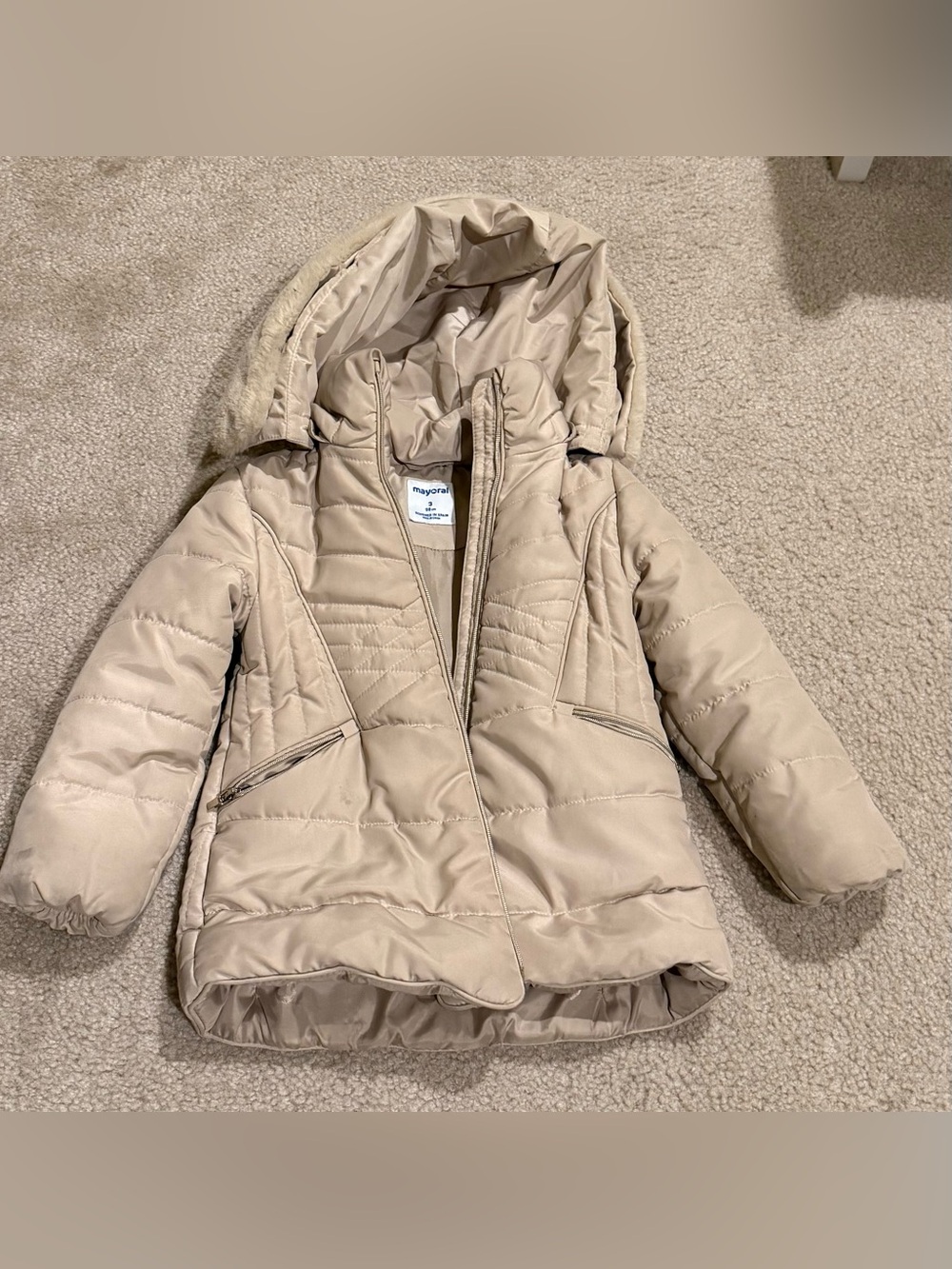 Mayoral Beige Puffer Jacket with Faux Fur-Trim Hood